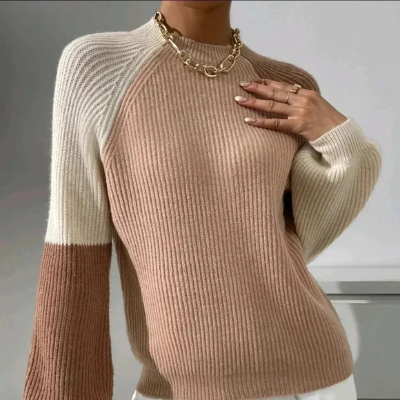 Color Block Mock Neck Raglan Sleeve Sweater - Picture 5 of 6